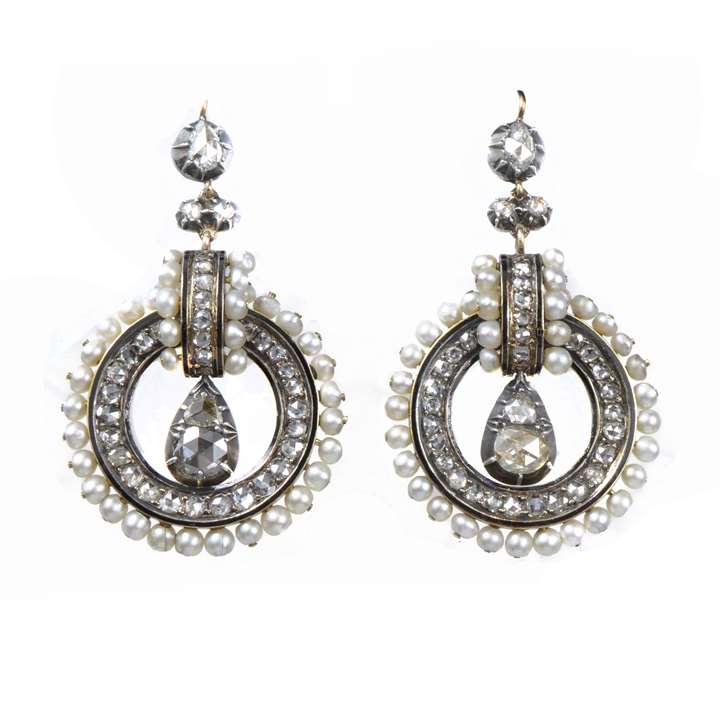 Pair of diamond, pearl and black enamel circle cluster pendant earrings